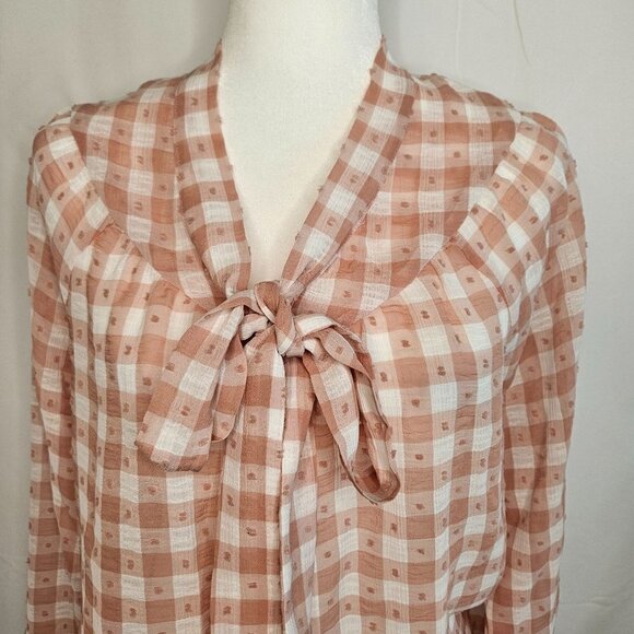 Nanette Lepore Size Small Tie V-Neck Soft Gingham Peach Swiss Dot L/S Blouse - Picture 5 of 13